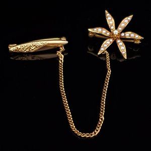 KREMENTZ Antique Old European Cut Diamond Pearl 14k Yellow Gold Double Brooch
